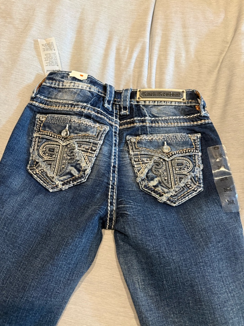 Rock Revival Navy Blue Distressed Jeans with White Stitching - Picture 5 of 5